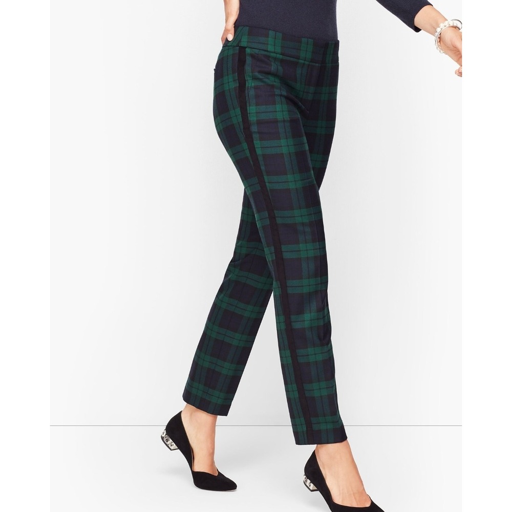 Talbots Womens 12P NWT Black Watch Plaid Holiday Velvet Trim Wool Ankle Pants